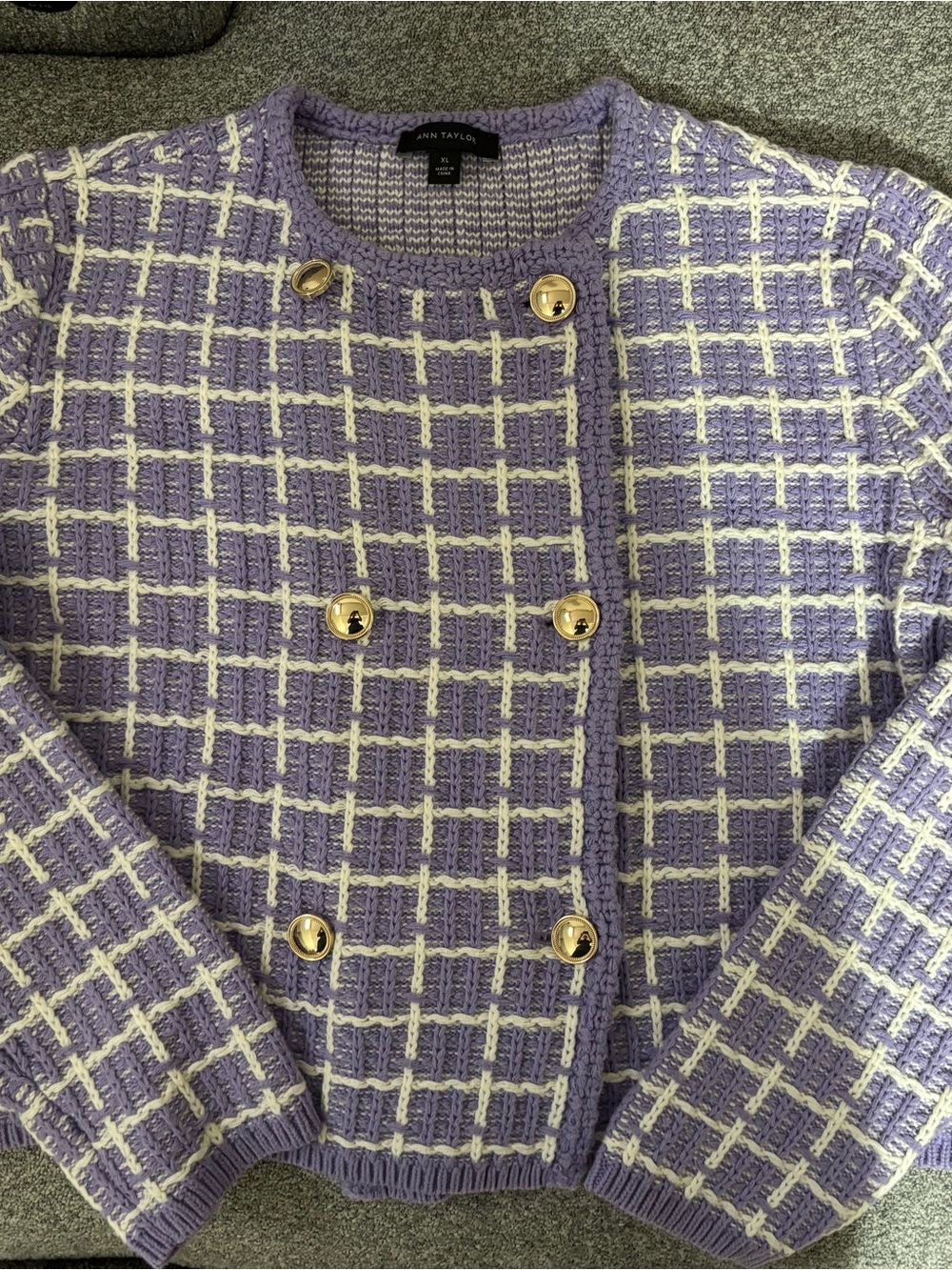 Ann Taylor Lavender & Cream Grid Knit Button Sweater